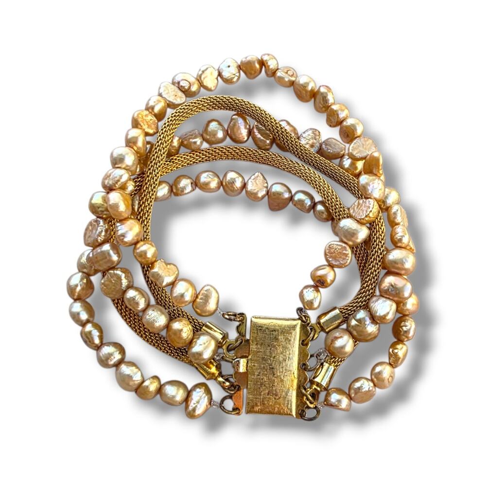 Vintage 5 Strand‎ Hold Pearl Beaded Mesh Chain Bracelet Gold Tan Evening Formal